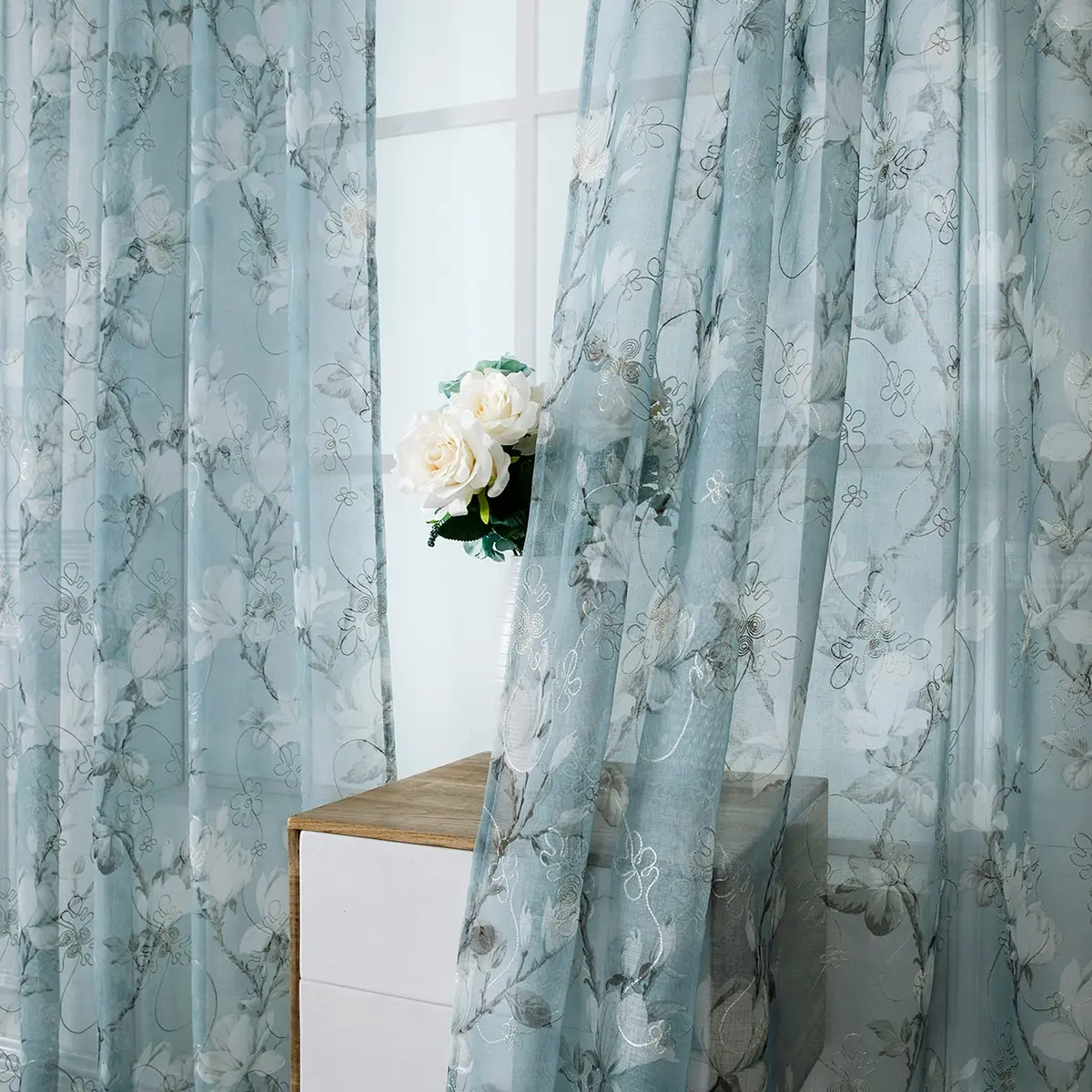 Tollpiz Floral Blue Sheer Curtains 54x63 inches Set of 2 | Elegant Linen Look with Embroidery - view 2