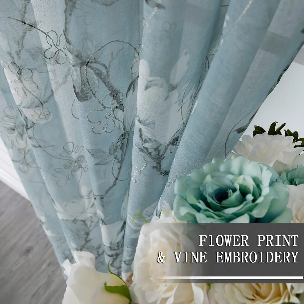 Tollpiz Floral Blue Sheer Curtains 54x63 inches Set of 2 | Elegant Linen Look with Embroidery - view 3