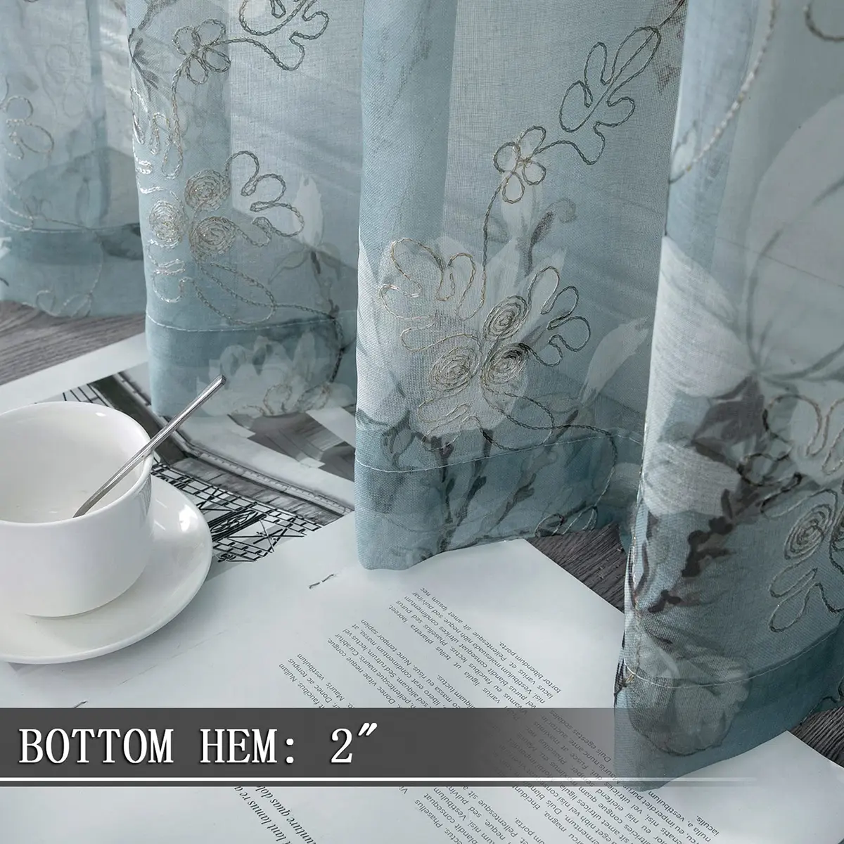 Tollpiz Floral Blue Sheer Curtains 54x63 inches Set of 2 | Elegant Linen Look with Embroidery - view 4