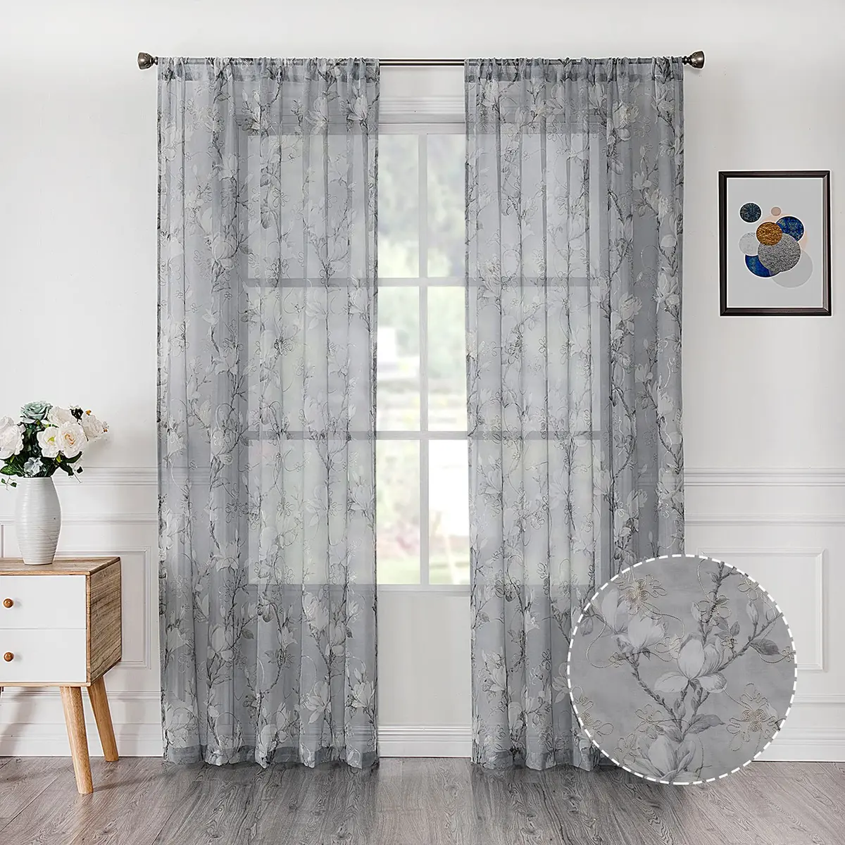 Tollpiz Floral Short Grey Sheer Curtain Flower Print Vine Embroidery Bedroom Curtains Rod Pocket Voile Window Curtain for Living Room, 54 x 54 inches Long, Set of 2 Panels - main product image