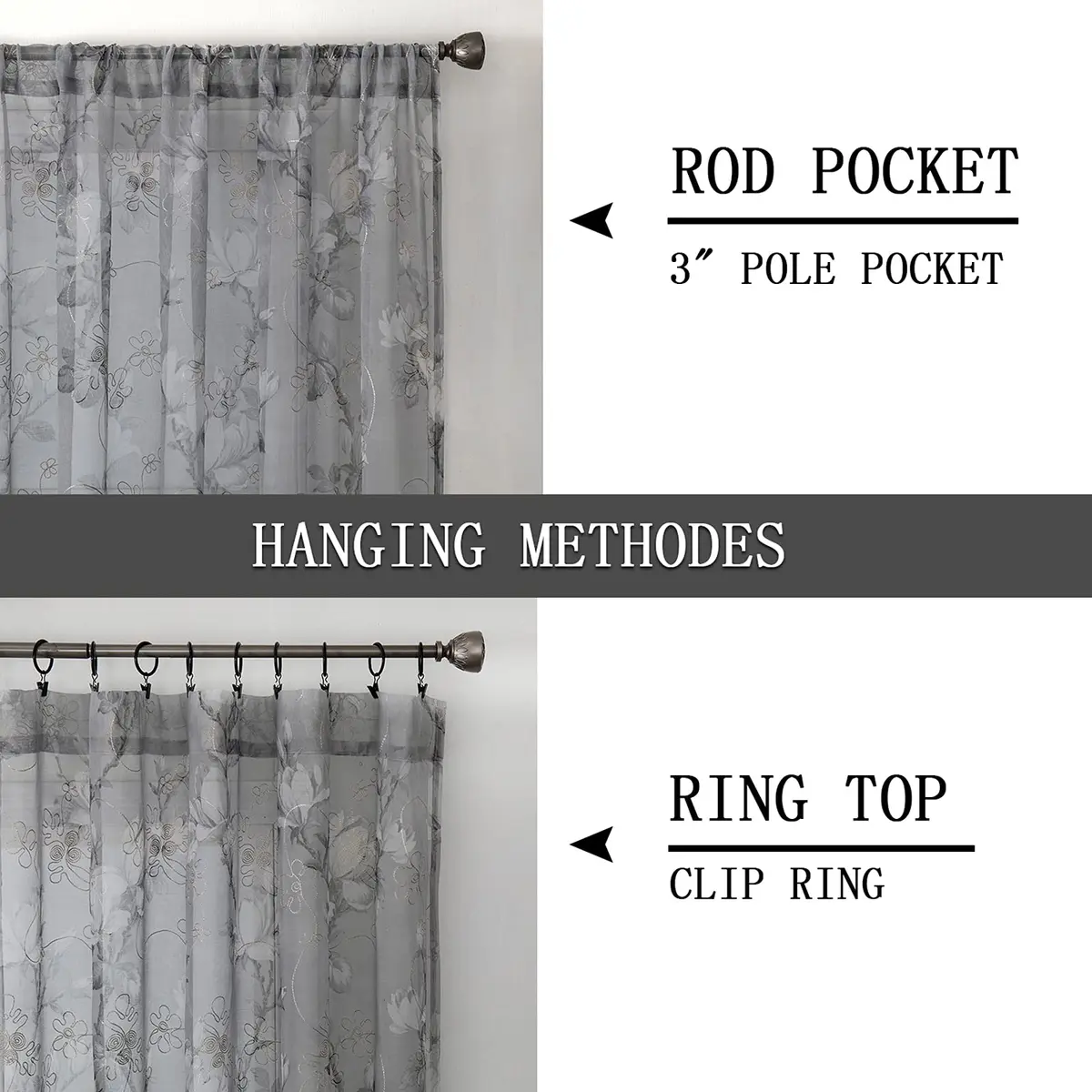 Tollpiz Floral Short Grey Sheer Curtain Flower Print Vine Embroidery Bedroom Curtains Rod Pocket Voile Window Curtain for Living Room, 54 x 54 inches Long, Set of 2 Panels - view 5