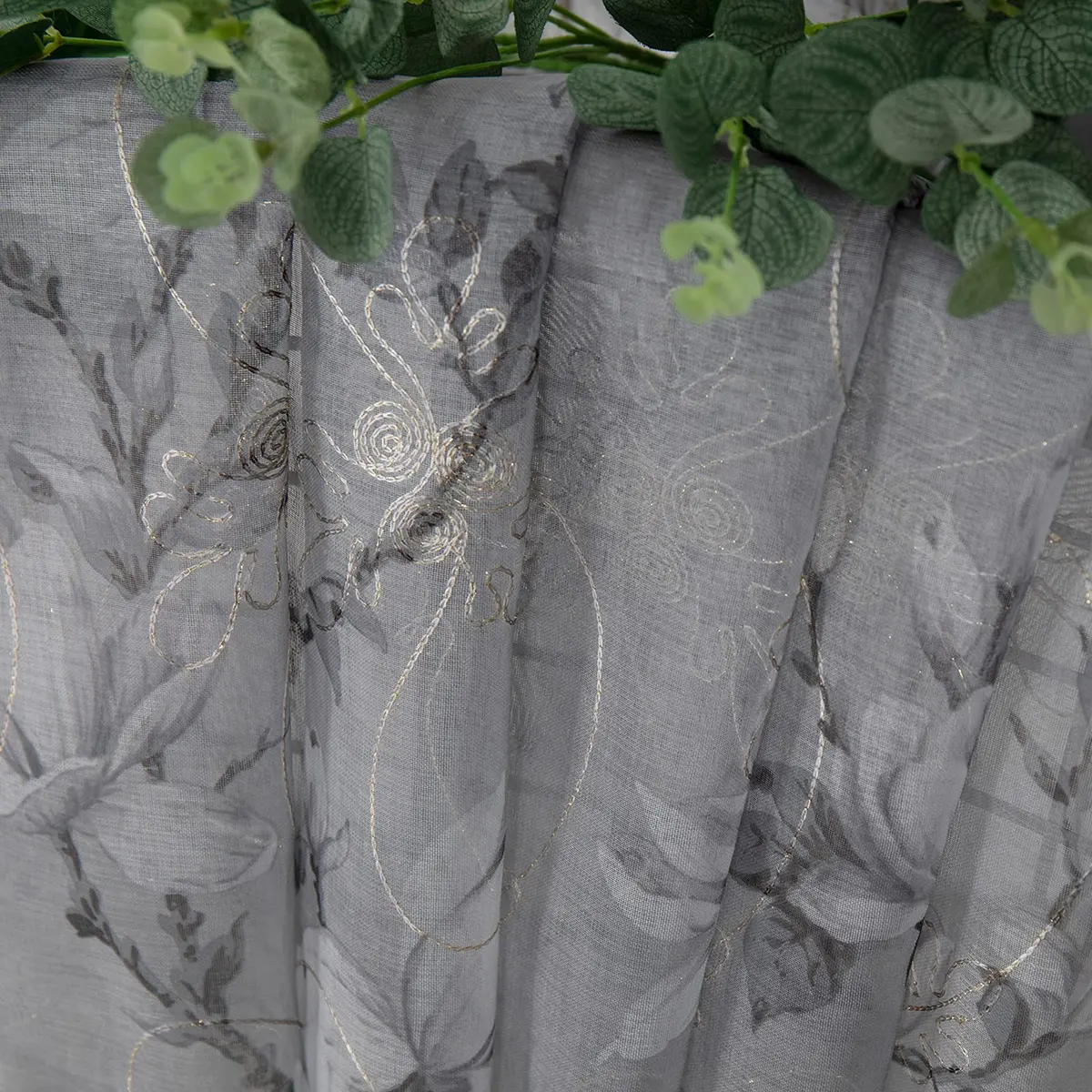 Tollpiz Floral Short Grey Sheer Curtain Flower Print Vine Embroidery Bedroom Curtains Rod Pocket Voile Window Curtain for Living Room, 54 x 54 inches Long, Set of 2 Panels - view 6