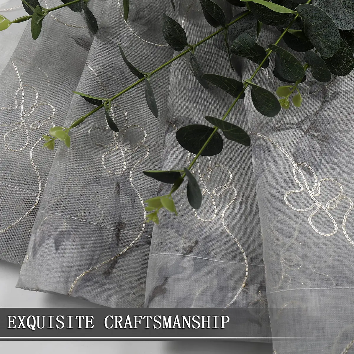 Tollpiz Floral Short Grey Sheer Curtain Flower Print Vine Embroidery Bedroom Curtains Rod Pocket Voile Window Curtain for Living Room, 54 x 54 inches Long, Set of 2 Panels - view 7