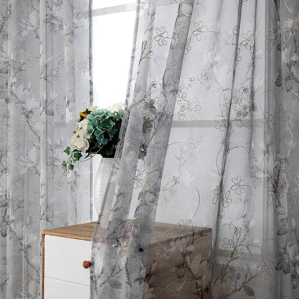 Tollpiz Floral Short Grey Sheer Curtain Flower Print Vine Embroidery Bedroom Curtains Rod Pocket Voile Window Curtain for Living Room, 54 x 54 inches Long, Set of 2 Panels - view 2