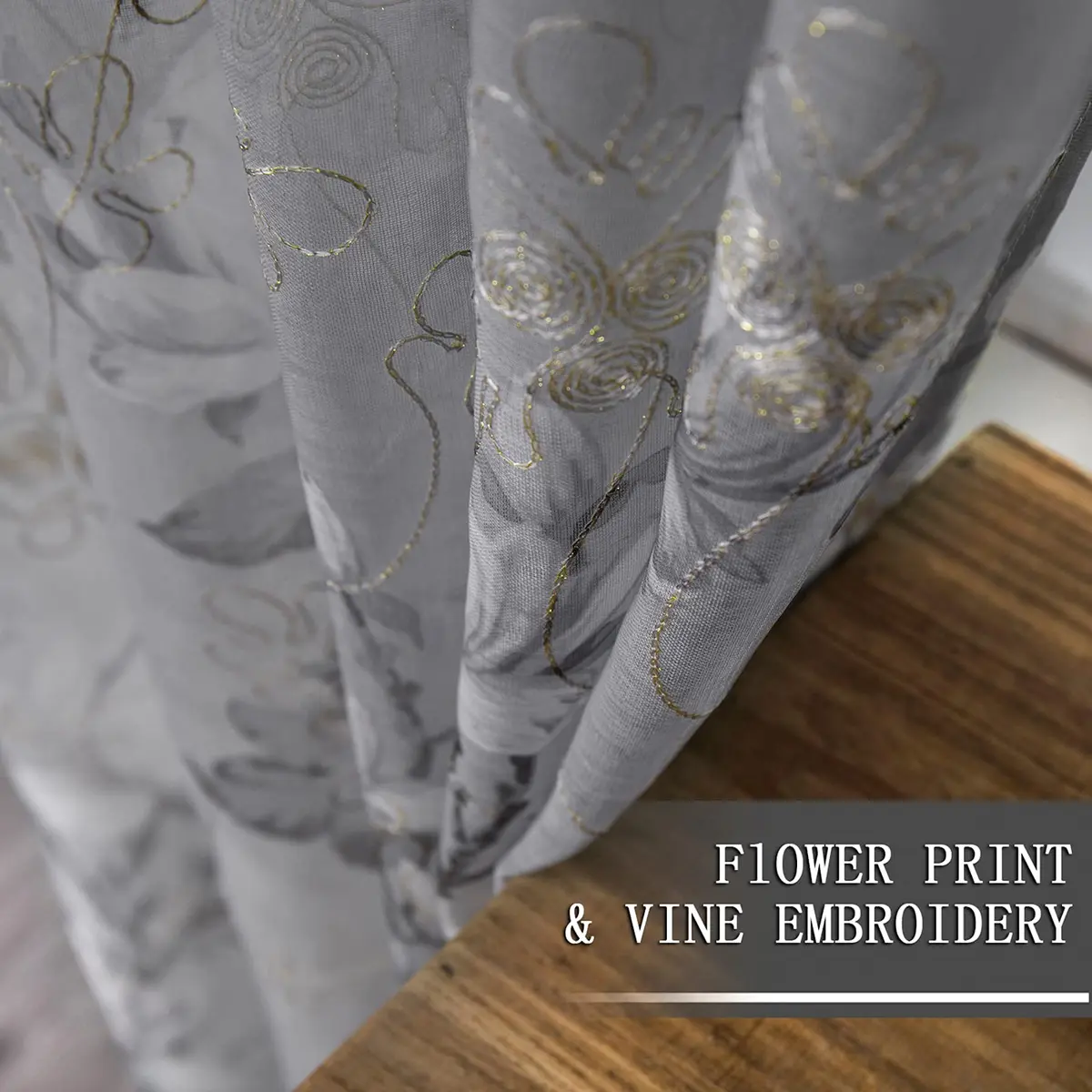 Tollpiz Floral Short Grey Sheer Curtain Flower Print Vine Embroidery Bedroom Curtains Rod Pocket Voile Window Curtain for Living Room, 54 x 54 inches Long, Set of 2 Panels - view 3