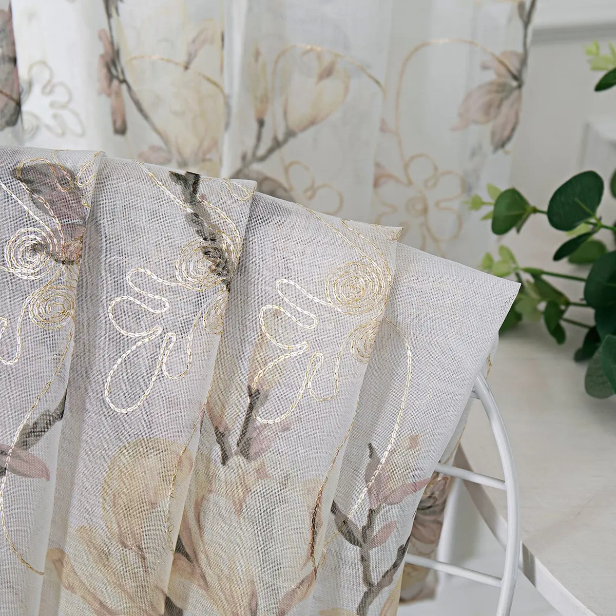 Tollpiz Floral White Sheer Curtains 54 x 45 inches | Elegant Linen Look with Embroidery - view 6