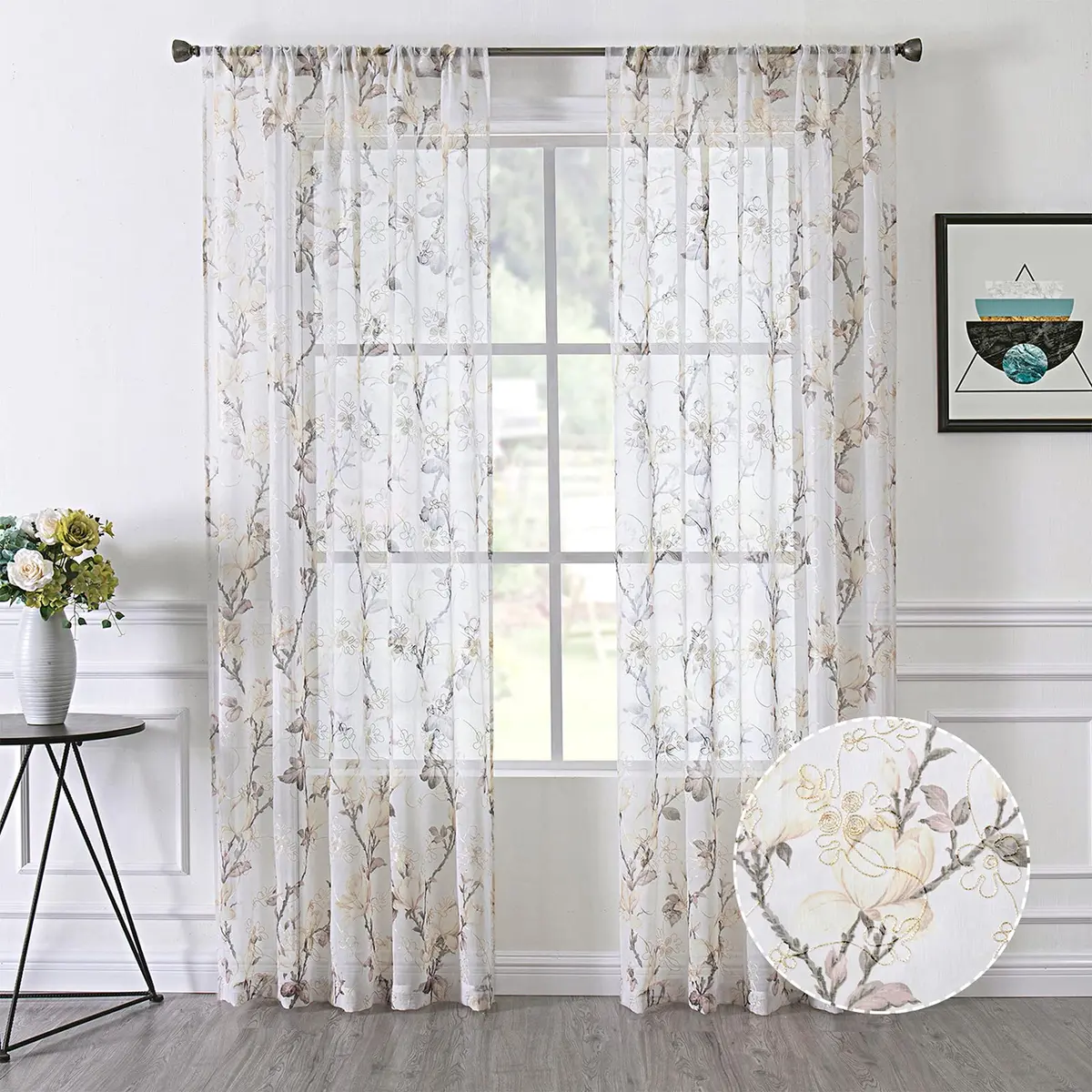 Tollpiz Floral White Sheer Curtains 54 x 45 inches | Elegant Linen Look with Embroidery - main product image
