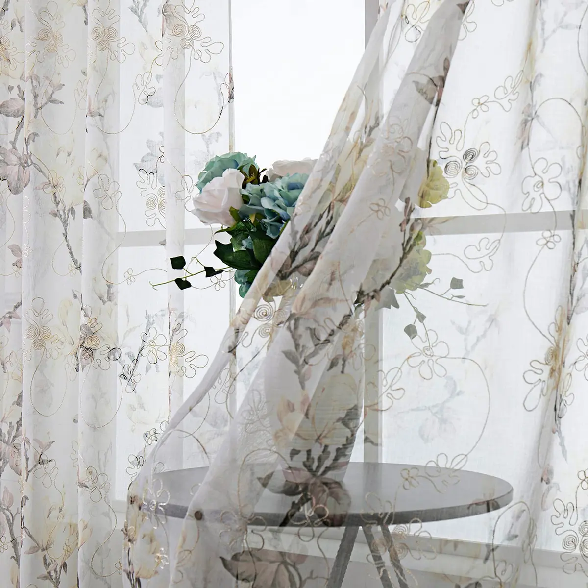 Tollpiz Floral White Sheer Curtains 54 x 45 inches | Elegant Linen Look with Embroidery - view 2