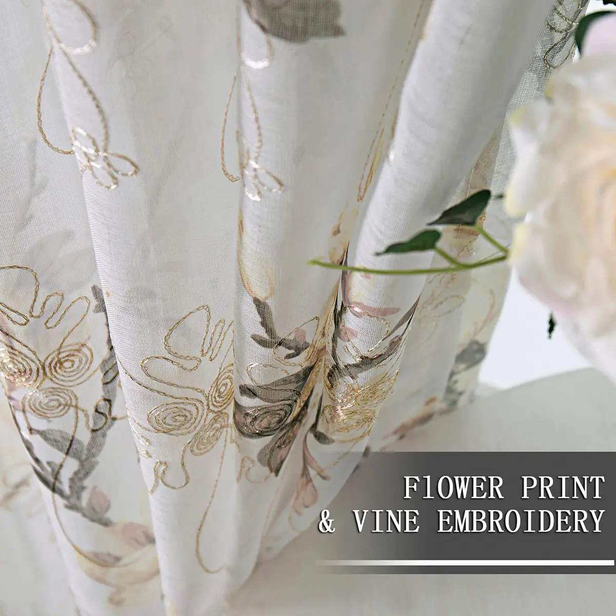 Tollpiz Floral White Sheer Curtains 54 x 45 inches | Elegant Linen Look with Embroidery - view 3