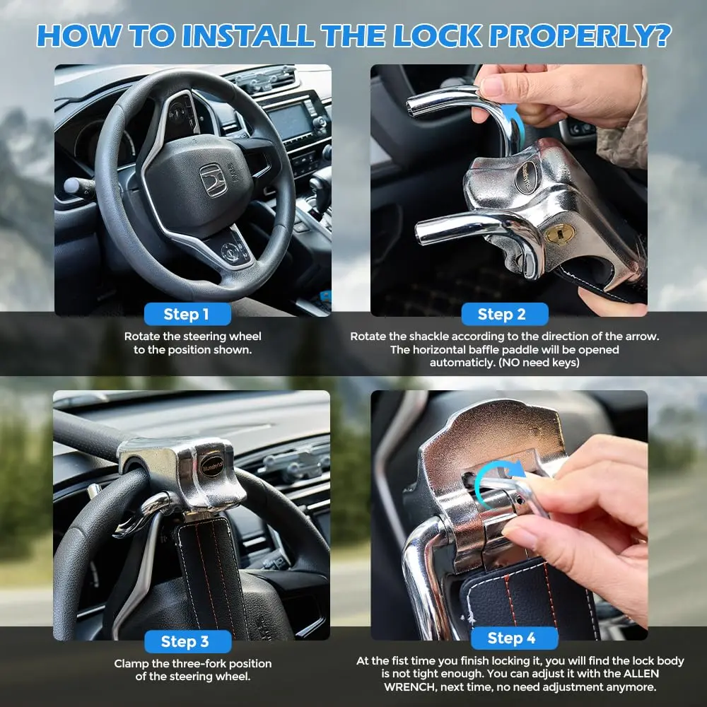 Blueshyhall Vehicle Steering Wheel Lock, Anti Theft Lock with Safety Hammer, Grey | Heavy Duty Security Device - view 6