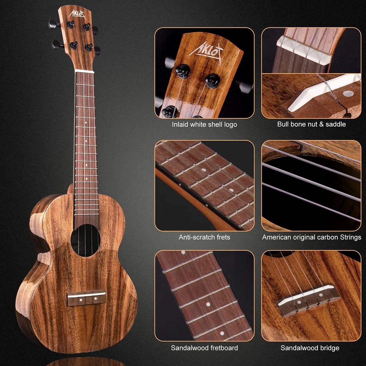 AKLOT All Solid Acacia Ukulele 23 Inch | Warm Tone for Beginners & Adults with Kit & Accessories - view 2