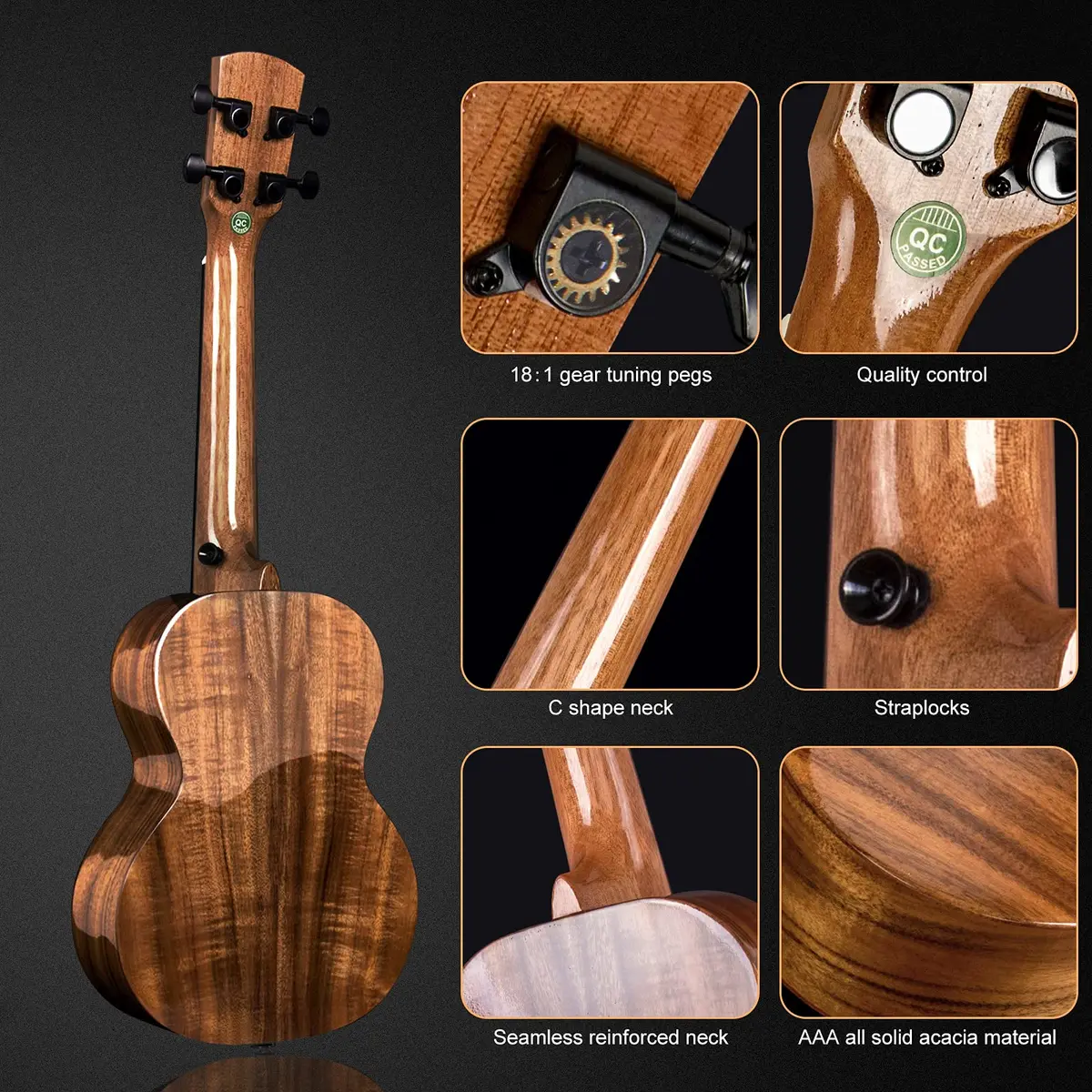 AKLOT All Solid Acacia Ukulele 23 Inch | Warm Tone for Beginners & Adults with Kit & Accessories - view 3