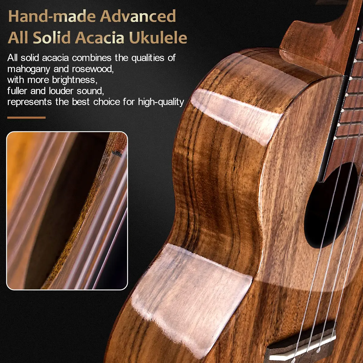 AKLOT All Solid Acacia Ukulele 23 Inch | Warm Tone for Beginners & Adults with Kit & Accessories - view 4