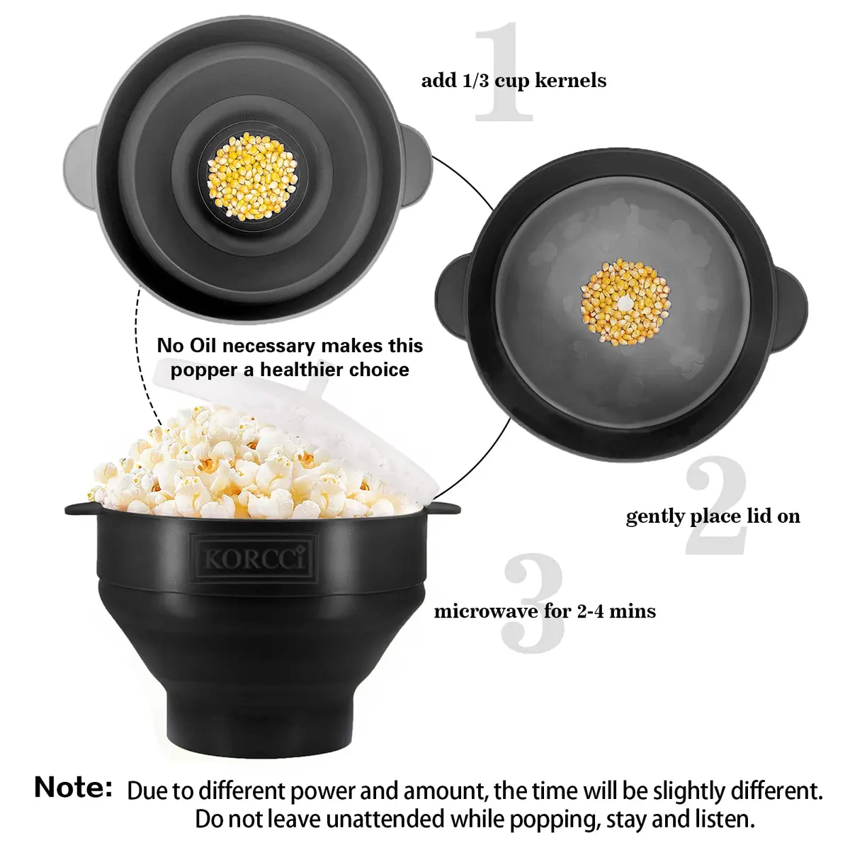 KORCCI Collapsible Silicone Popcorn Popper Bowl - Black | Healthy Microwave Popcorn Maker - view 4