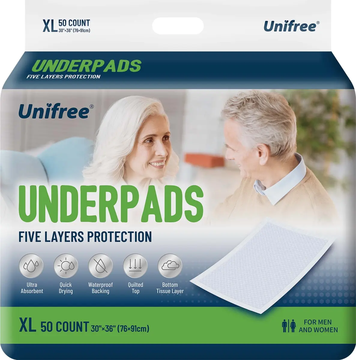 UNIFREE Disposable Underpads 50 Count | Super Absorbent Bed & Incontinence Pad (76 in) for Adults & Elderly - main product image