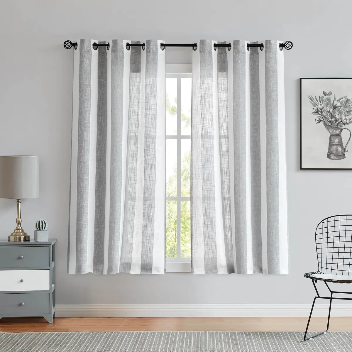 Central Park Gray White Vertical Stripe Curtain Semi Sheer, 44" Wx63" | Elegant Farmhouse Style for Living & Bedroom - main product image