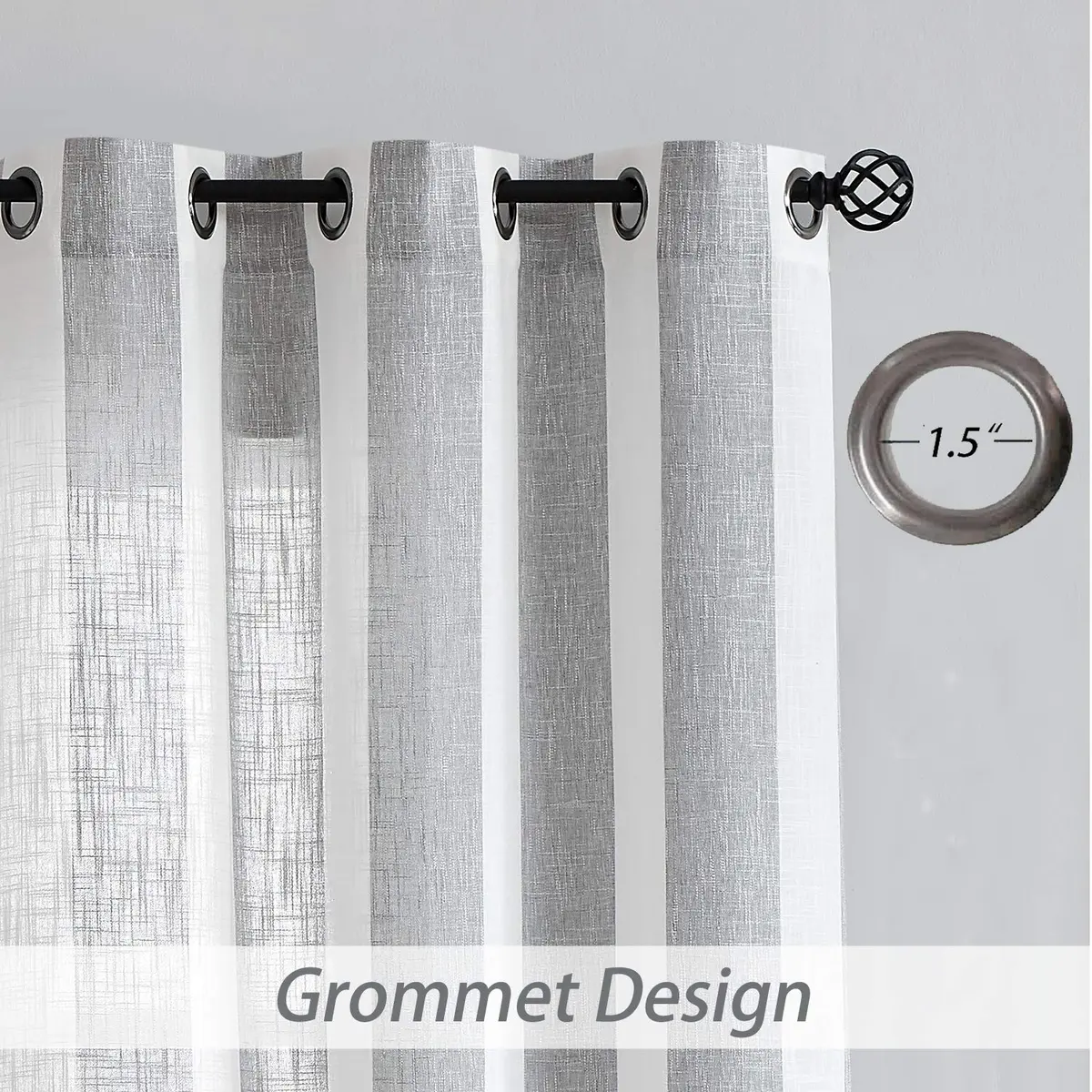 Central Park Gray White Vertical Stripe Curtain Semi Sheer, 44" Wx63" | Elegant Farmhouse Style for Living & Bedroom - view 4