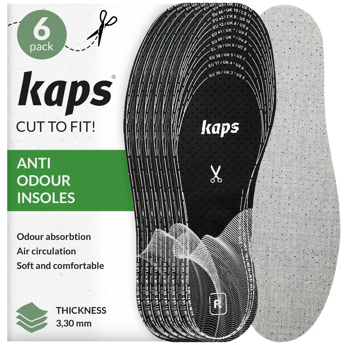 Kaps Odour Stop Shoe Insoles 6 Pair Pack Cut to Fit | Activated Charcoal Odour Control - main product image