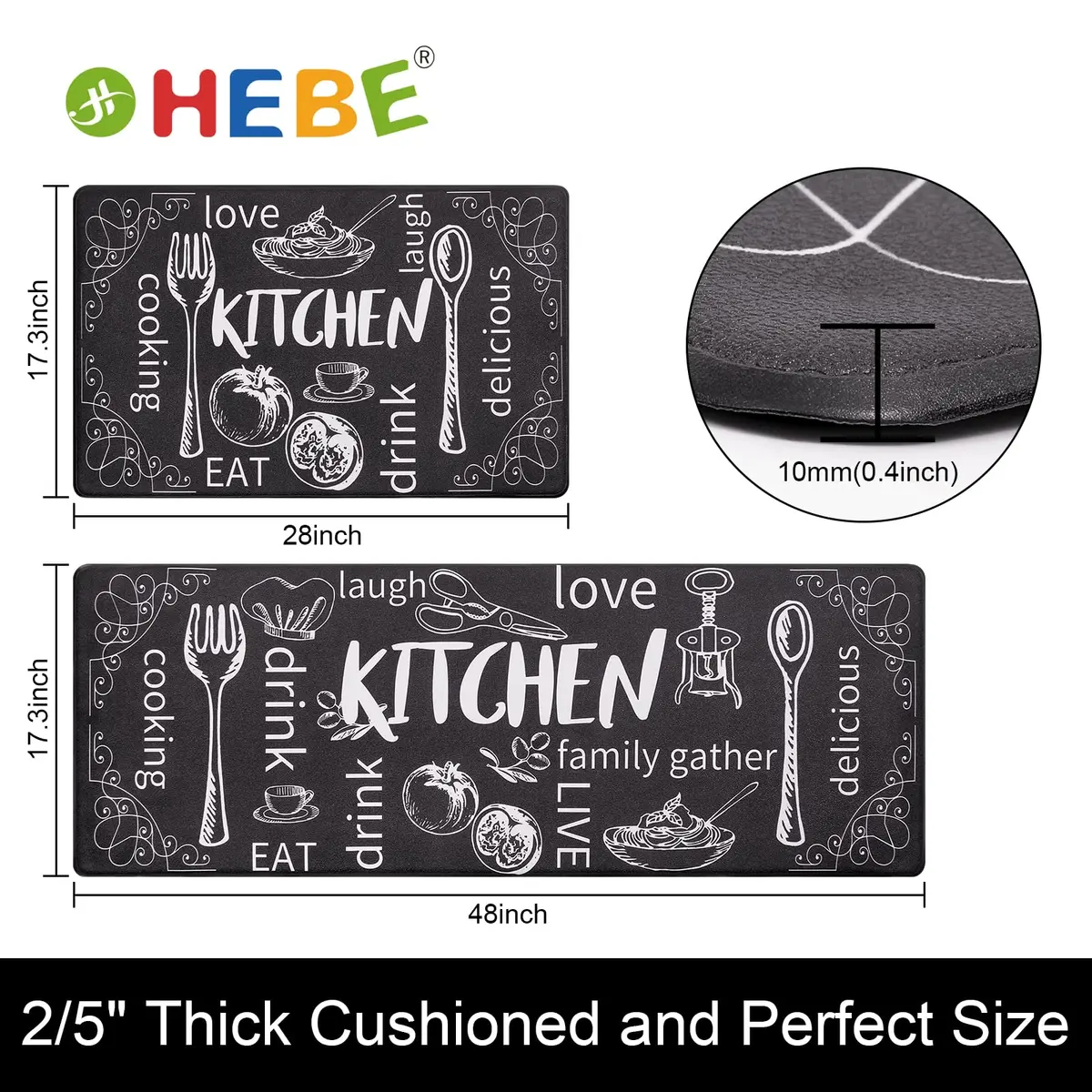 HEBE Anti-Fatigue Kitchen Mats Set of 2 | 1 cm (0.4 inch) Thick Cushioned Comfort for Floor, Sink, Stove, Laundry Room, Office - view 2