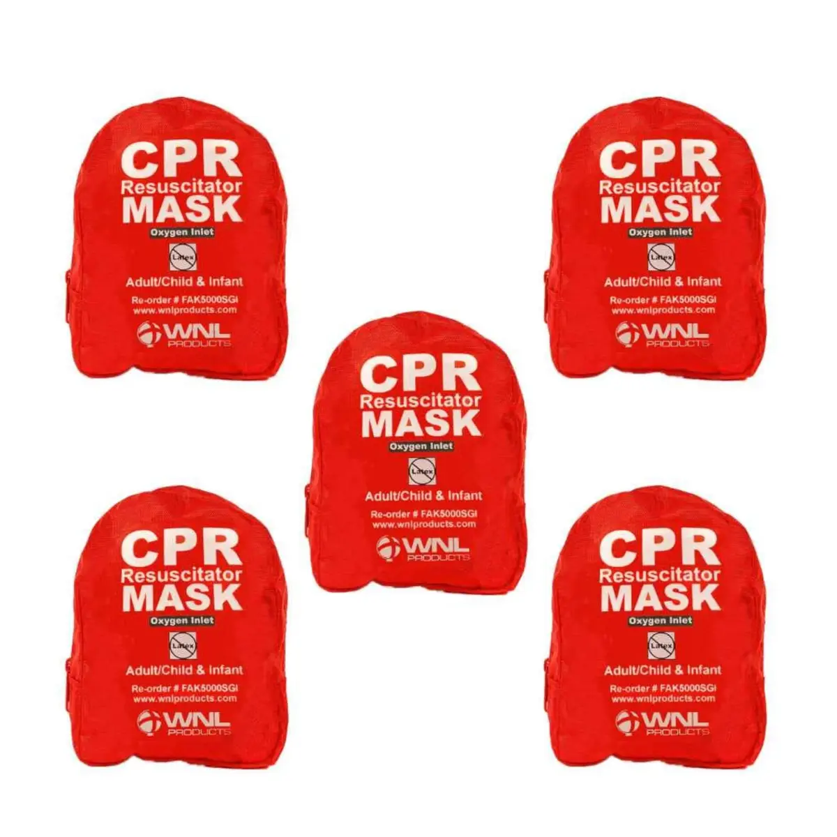 WNL Products CPR Rescue Mask Kit with Infant Mask, 5 Pack | Adult/Child & Infant CPR Mask with One-Way Valve, Filter, Gloves, Wipe in Soft Red Case - main product image