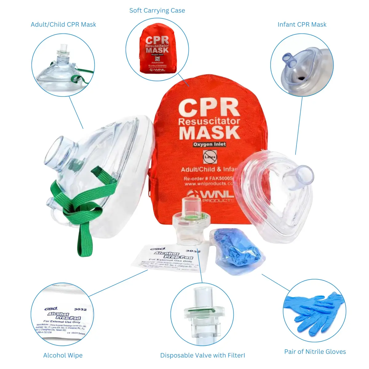 WNL Products CPR Rescue Mask Kit with Infant Mask, 5 Pack | Adult/Child & Infant CPR Mask with One-Way Valve, Filter, Gloves, Wipe in Soft Red Case - view 2