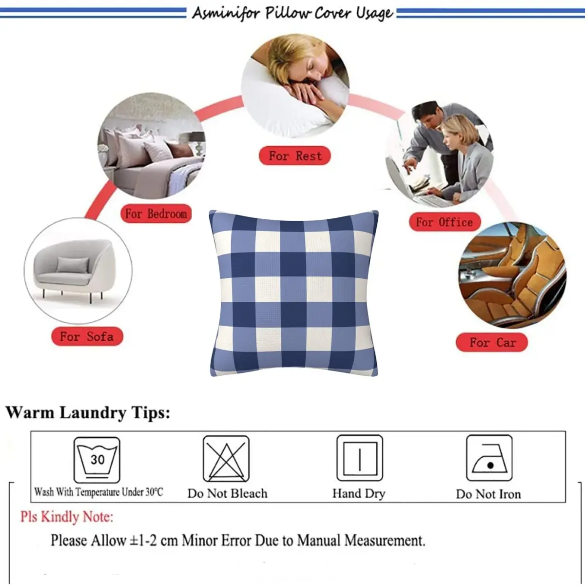 AHAHM Navy Blue and White Buffalo Check Plaid Throw Pillow Covers 45x45cm (18x18 Inch) Set of 2 | Farmhouse Decorative Cushion Case for Sofa, Bed, Office - view 5