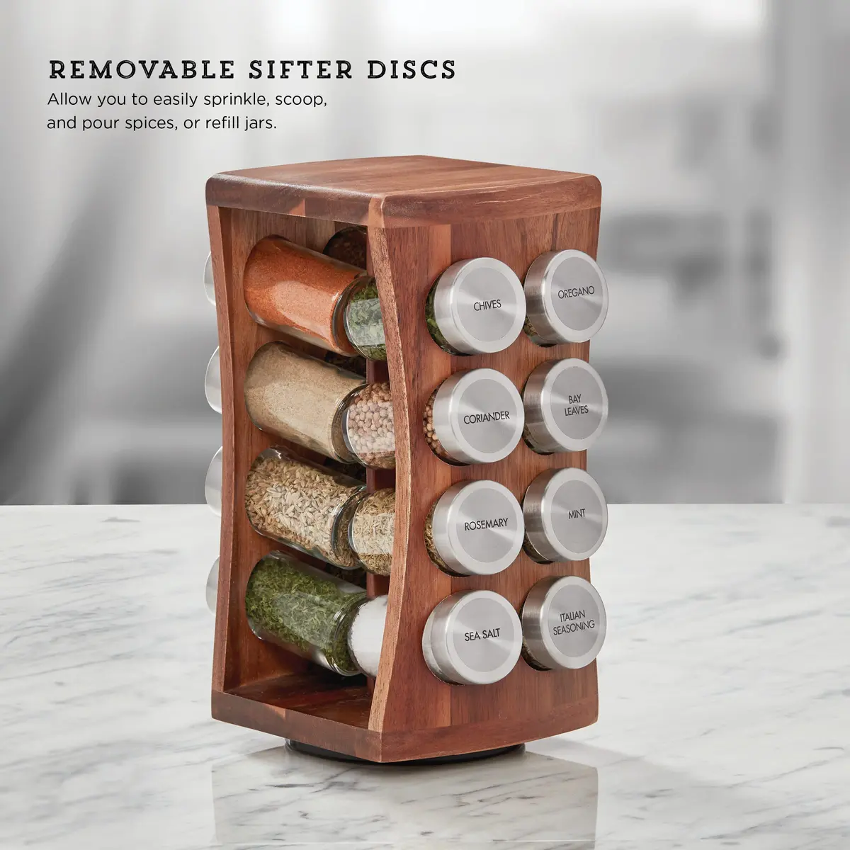Kamenstein 16 Jar Hourglass Revolving Spice Rack with Spices Included, FREE Refills for 5 Years, Acacia & Stainless Steel Caps - view 4