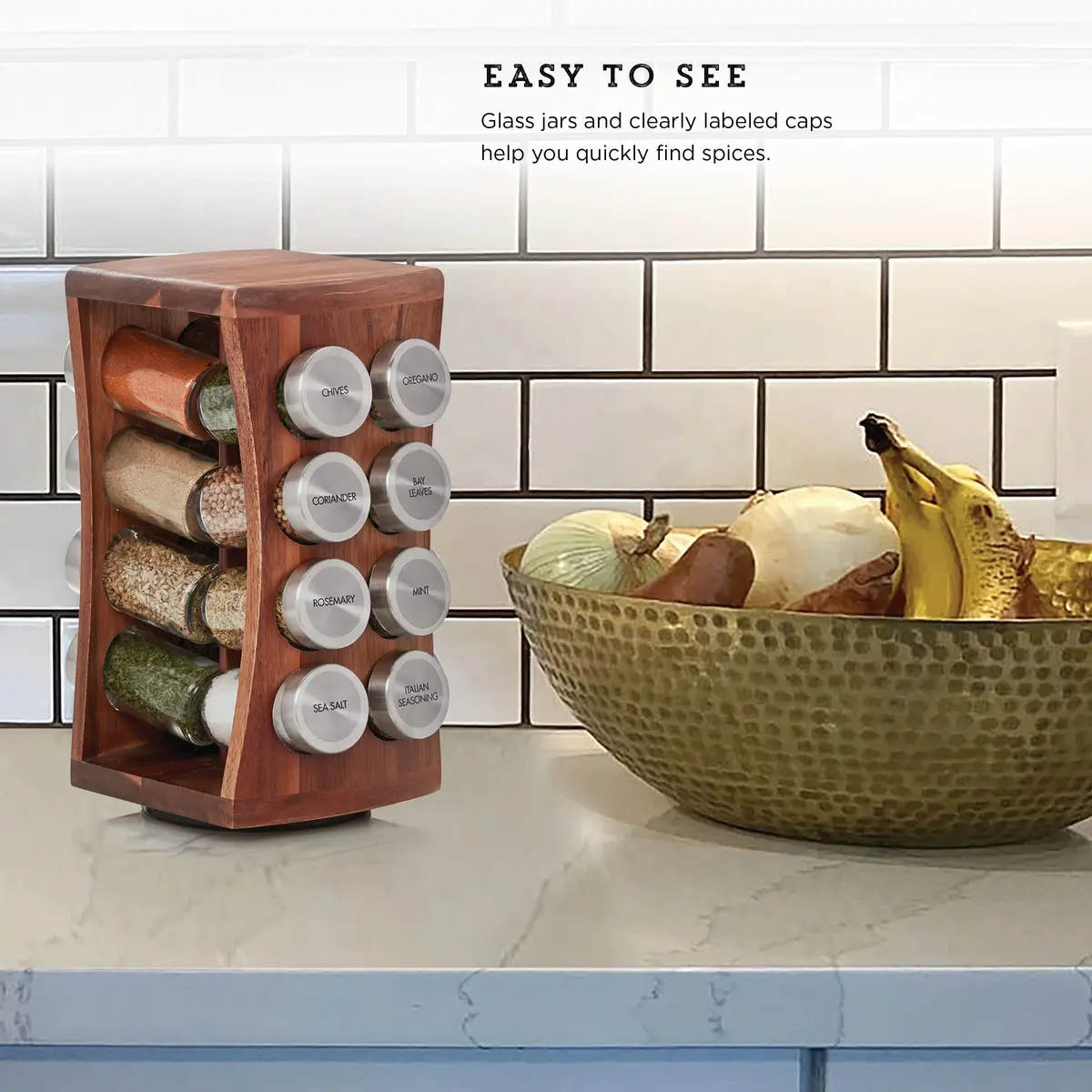 Kamenstein 16 Jar Hourglass Revolving Spice Rack with Spices Included, FREE Refills for 5 Years, Acacia & Stainless Steel Caps - view 5