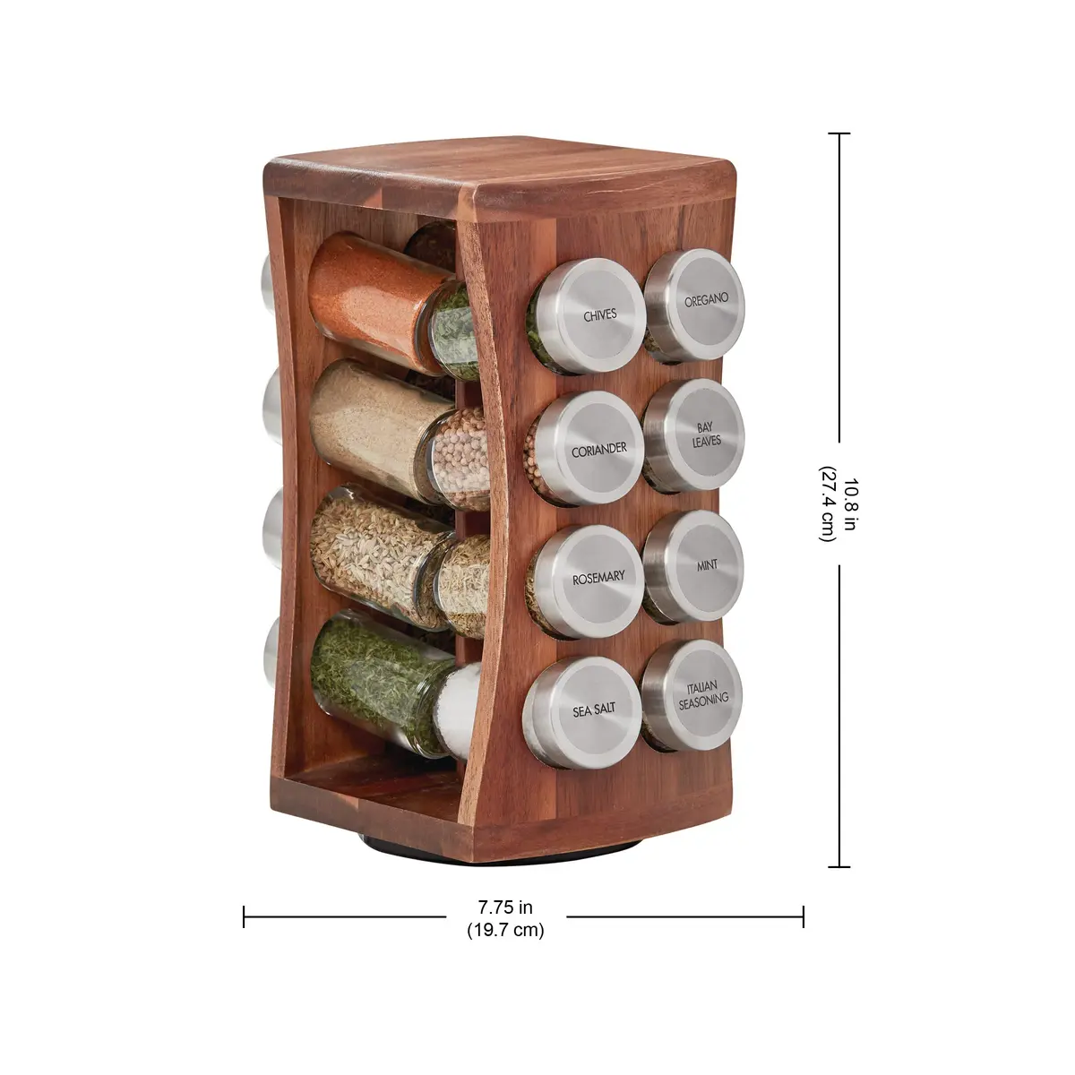 Kamenstein 16 Jar Hourglass Revolving Spice Rack with Spices Included, FREE Refills for 5 Years, Acacia & Stainless Steel Caps - view 3