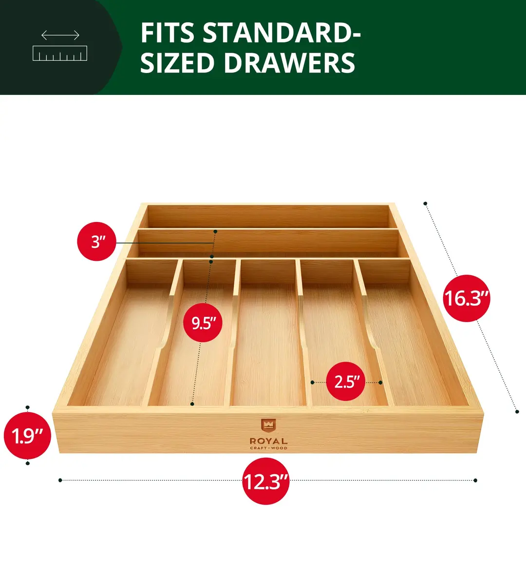 ROYAL CRAFT WOOD Luxury Bamboo Utensil Rack and Silverware Organizer, Kitchen Drawer Organizer - 7 Slot, Natural | Elegant Flatware & Cutlery Storage - view 2