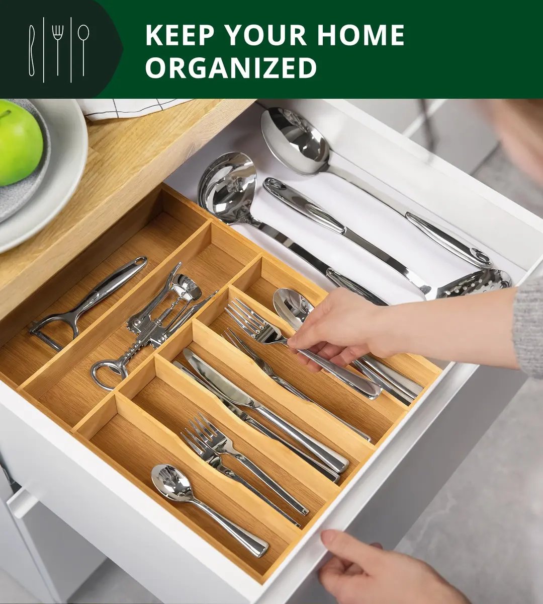 ROYAL CRAFT WOOD Luxury Bamboo Utensil Rack and Silverware Organizer, Kitchen Drawer Organizer - 7 Slot, Natural | Elegant Flatware & Cutlery Storage - view 4