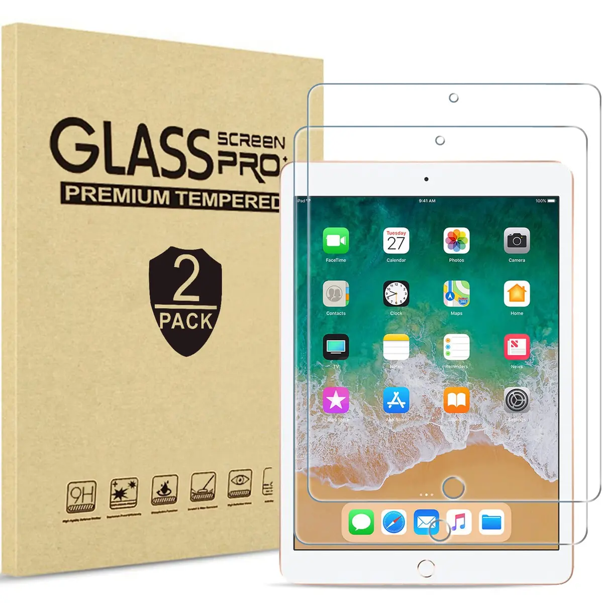 ProCase 2 Pack Tempered Glass Screen Protector for iPad 9.7" (6th/5th Gen, Air 2/1, Pro 9.7) | HD Clear, 9H Hardness, Bubble-Free - main product image
