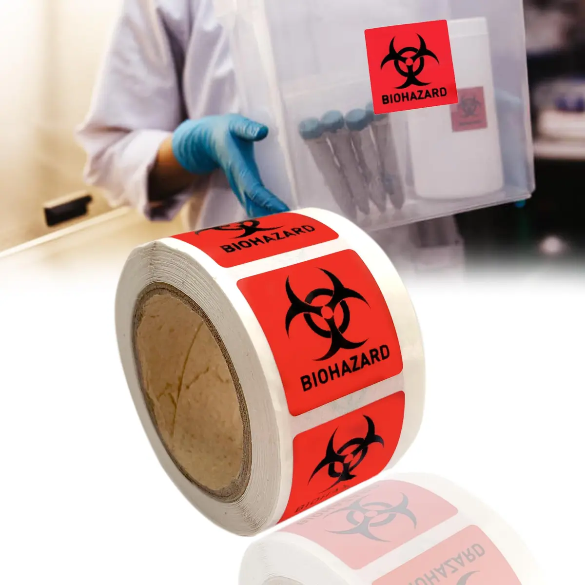 BEMAXYE Biohazard Danger Safety Warning Labels 1"x1" (250 Pcs/Roll) | High Temp Resistance Waterproof Vinyl Stickers - main product image