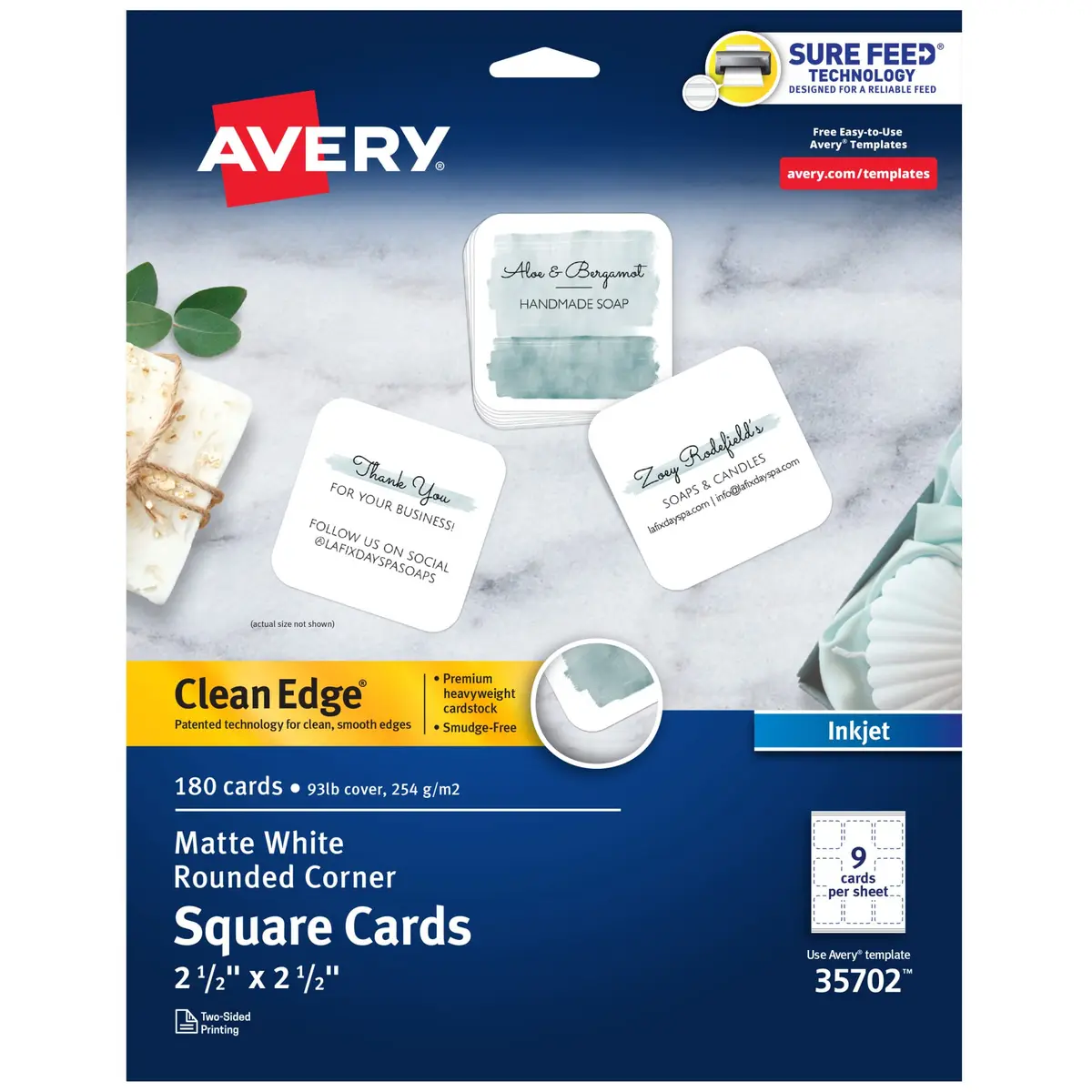 Avery Business Card Stock 2.5" x 2.5" Matte White | Rounded Corners, Sure Feed Tech - main product image