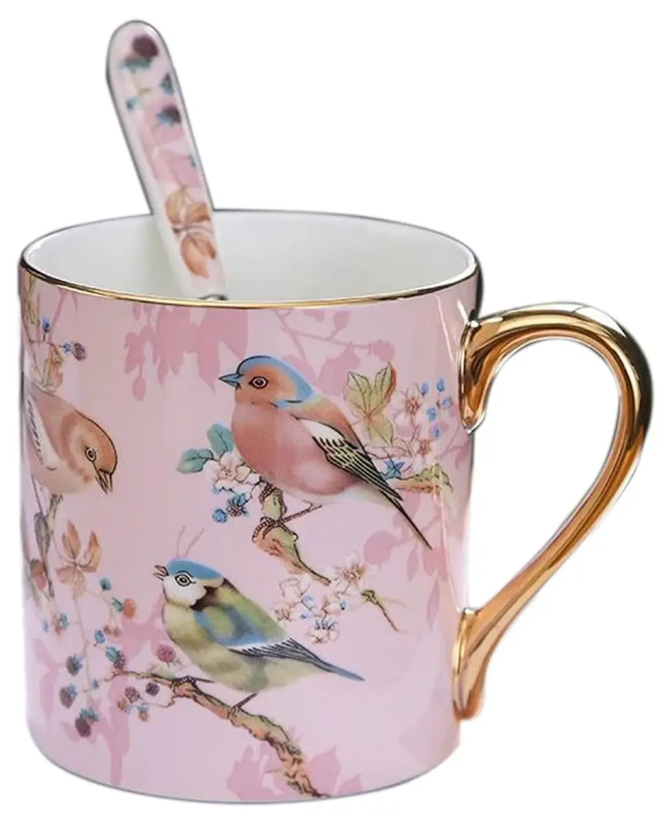 YBK Tech Bone China Teacup 350ml (12oz) with Spoon | Birds Pattern Pink - main product image