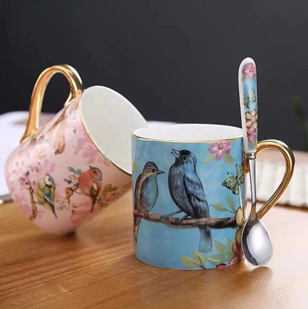 YBK Tech Bone China Teacup 350ml (12oz) with Spoon | Birds Pattern Pink - view 6