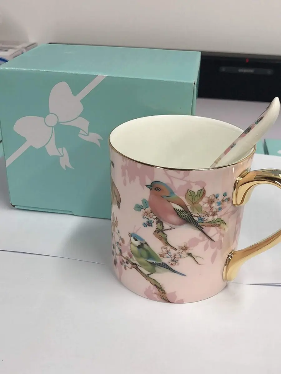 YBK Tech Bone China Teacup 350ml (12oz) with Spoon | Birds Pattern Pink - view 7