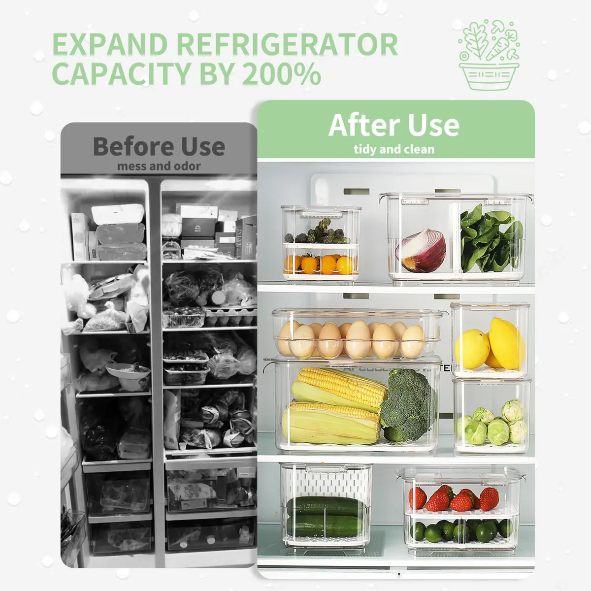 elabo Fruit Storage Containers Fridge Produce Saver- Stackable Refrigerator Organizer Keeper Drawers Bins with Lids and Removable Drain Tray for Veggie, Berry and Fruits, 1 Medium and 1 Large | Keep Fruits & Vegetables Fresh - view 4