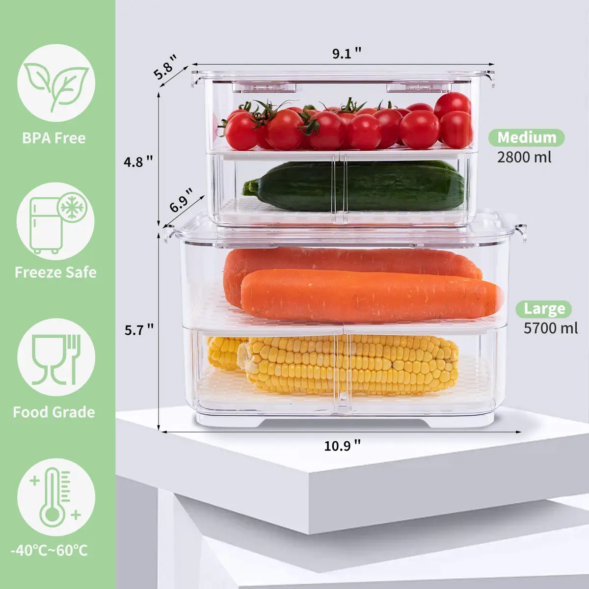 elabo Fruit Storage Containers Fridge Produce Saver- Stackable Refrigerator Organizer Keeper Drawers Bins with Lids and Removable Drain Tray for Veggie, Berry and Fruits, 1 Medium and 1 Large | Keep Fruits & Vegetables Fresh - view 5