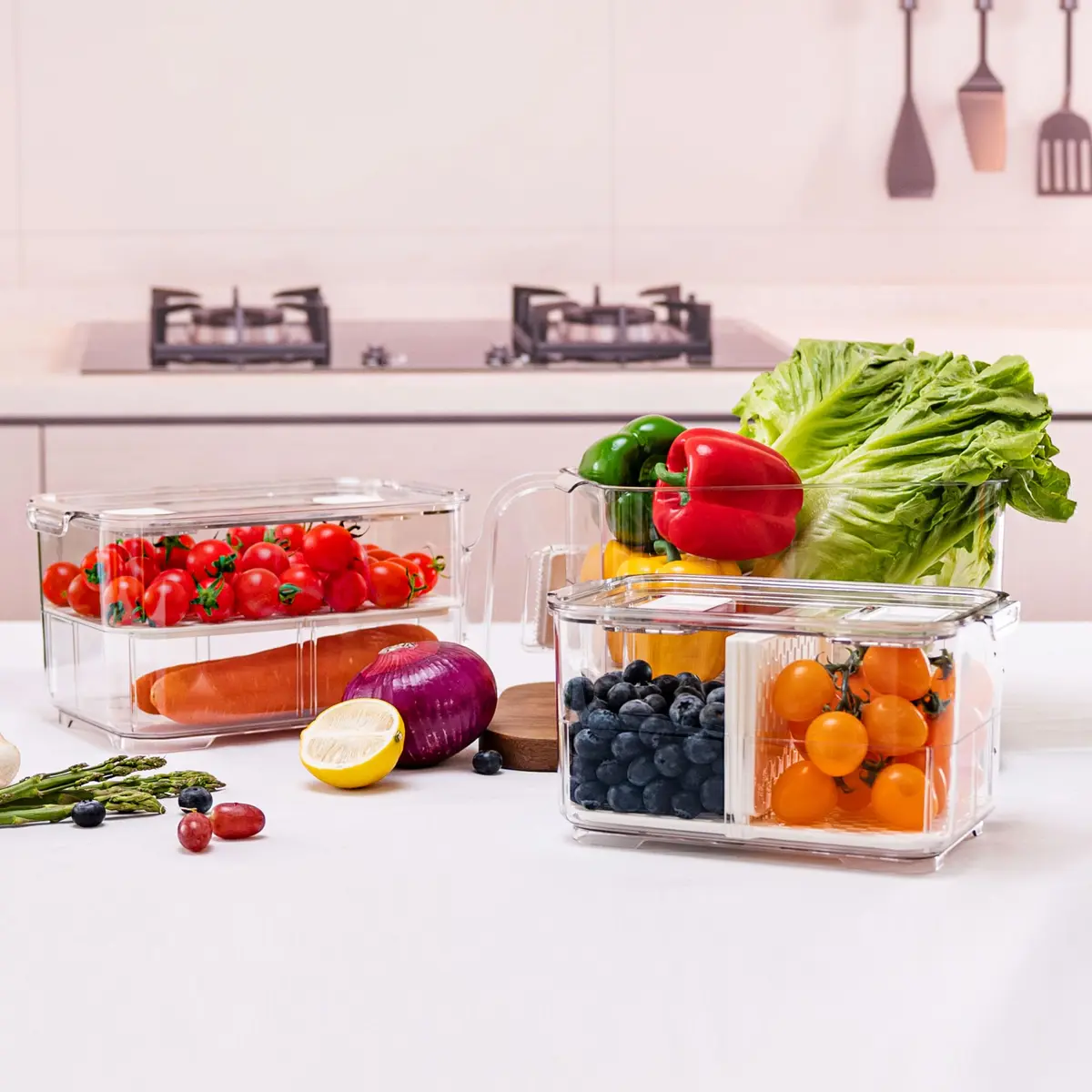 elabo Fruit Storage Containers Fridge Produce Saver- Stackable Refrigerator Organizer Keeper Drawers Bins with Lids and Removable Drain Tray for Veggie, Berry and Fruits, 1 Medium and 1 Large | Keep Fruits & Vegetables Fresh - view 6
