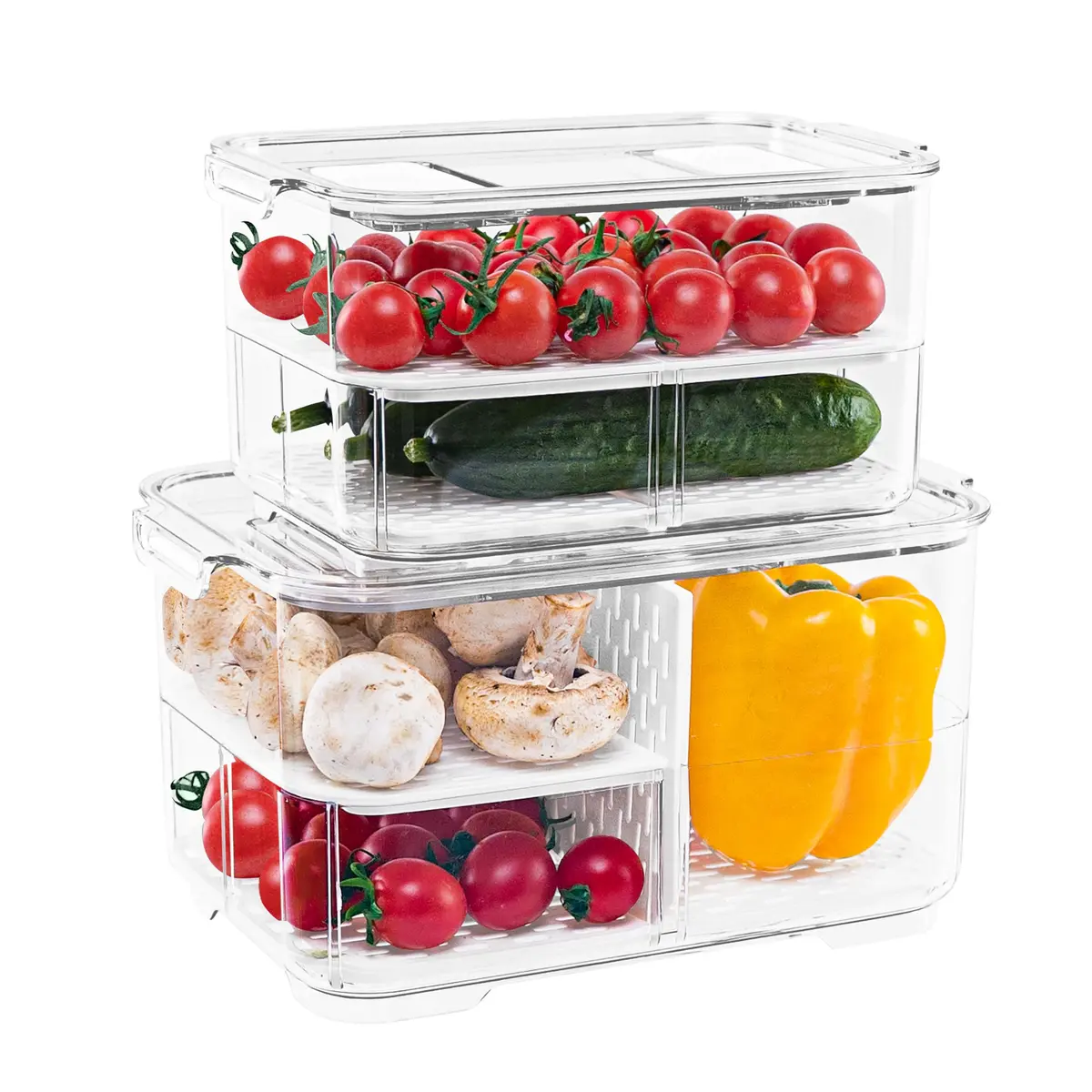 elabo Fruit Storage Containers Fridge Produce Saver- Stackable Refrigerator Organizer Keeper Drawers Bins with Lids and Removable Drain Tray for Veggie, Berry and Fruits, 1 Medium and 1 Large | Keep Fruits & Vegetables Fresh - main product image