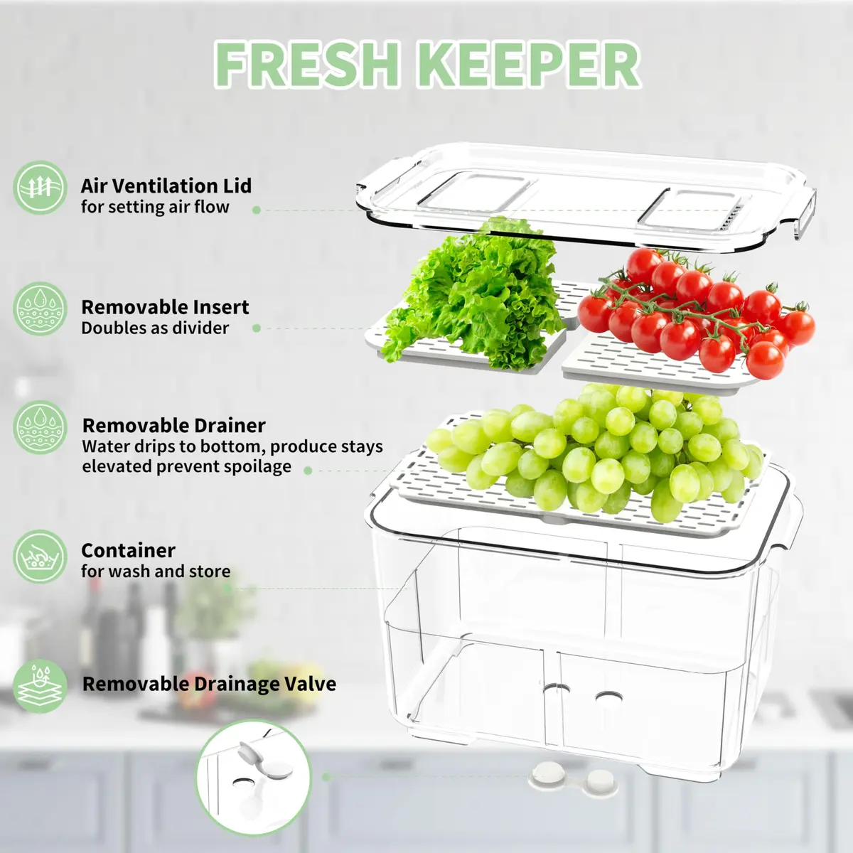 elabo Fruit Storage Containers Fridge Produce Saver- Stackable Refrigerator Organizer Keeper Drawers Bins with Lids and Removable Drain Tray for Veggie, Berry and Fruits, 1 Medium and 1 Large | Keep Fruits & Vegetables Fresh - view 3