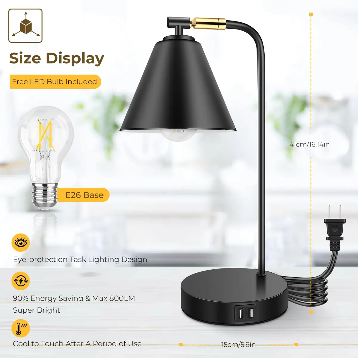 Brightever Industrial Dimmable Desk Lamp with 2 USB Ports, Touch Control, Black Metal, 10.23 inches | Energy Saving & Versatile - view 5