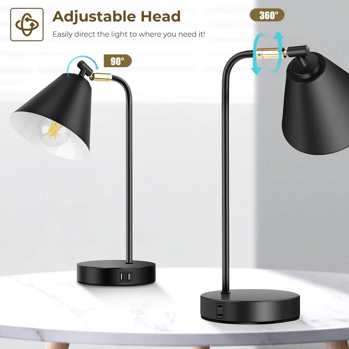 Brightever Industrial Dimmable Desk Lamp with 2 USB Ports, Touch Control, Black Metal, 10.23 inches | Energy Saving & Versatile - view 2