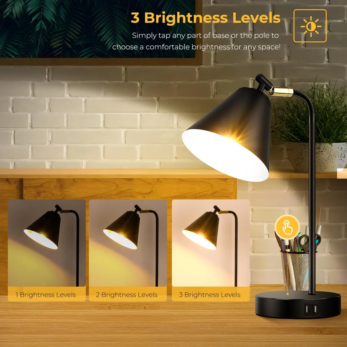 Brightever Industrial Dimmable Desk Lamp with 2 USB Ports, Touch Control, Black Metal, 10.23 inches | Energy Saving & Versatile - view 3