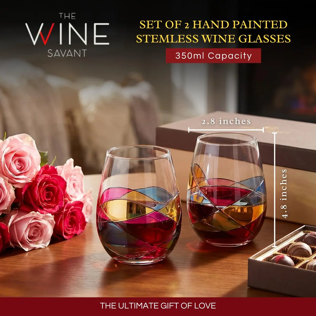 The Wine Savant Artisanal Hand Painted Stemless Wine Glasses 2 Pack | Romantic Gift for Celebrations - view 2