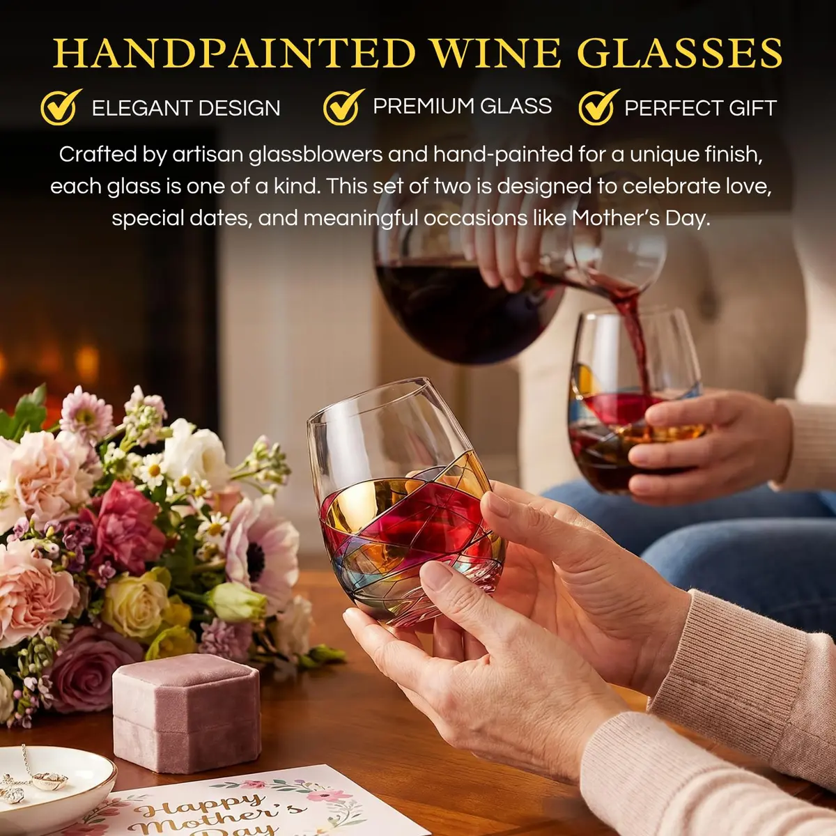 The Wine Savant Artisanal Hand Painted Stemless Wine Glasses 2 Pack | Romantic Gift for Celebrations - view 3