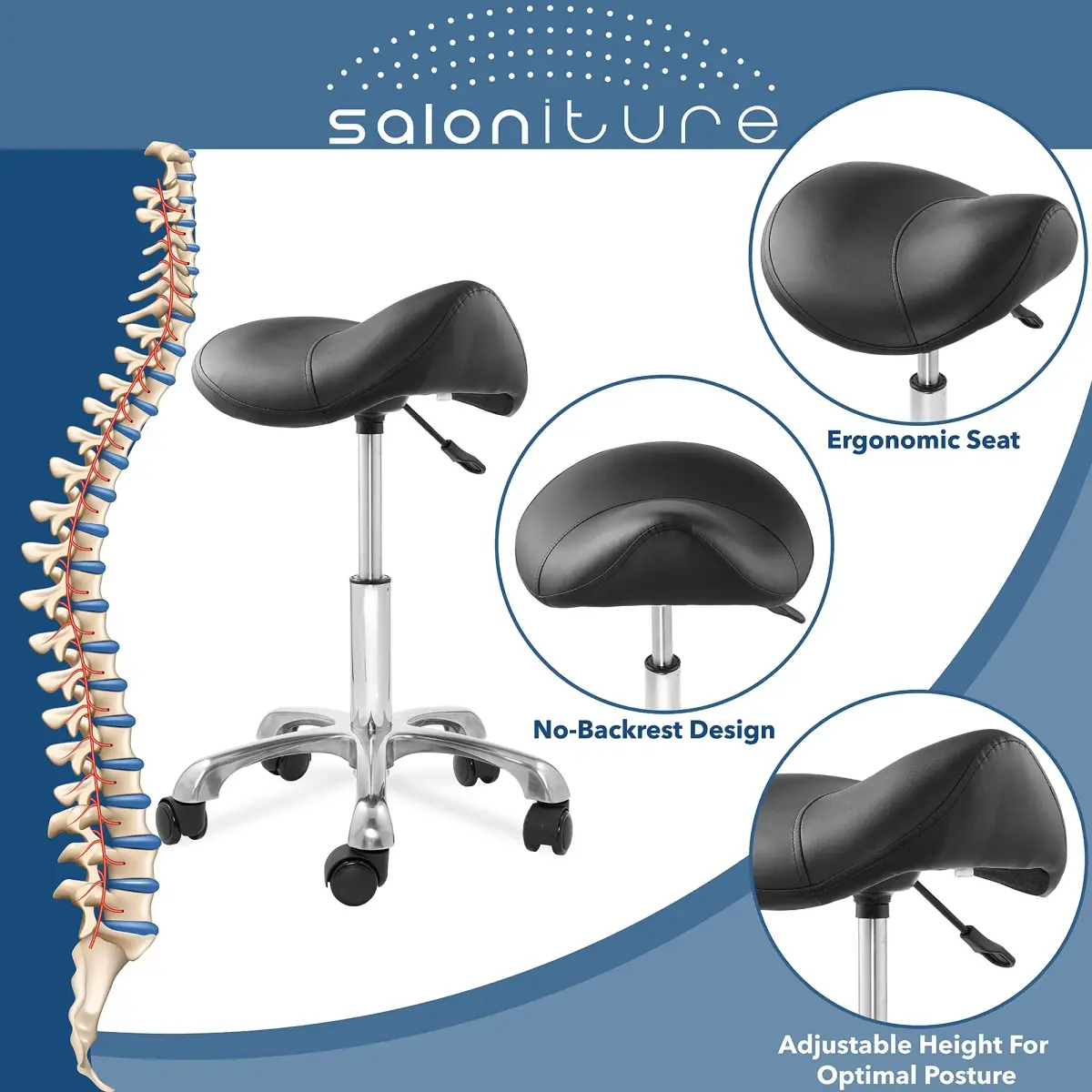 Saloniture Professional Ergonomic Saddle Stool Black | 19.5cm (7.68in) Wide Seat, Adjustable Height 49.5-64.8cm (19.5-25.5in) - view 2