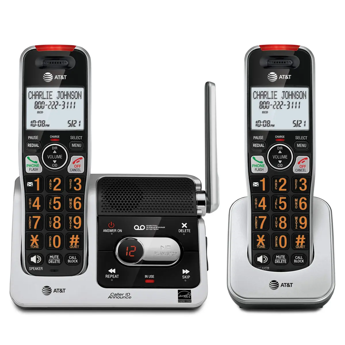AT&T BL102-2 DECT 6.0 Cordless Phone System with Answering Machine, Call Blocking, Caller ID Announce, Audio Assist, Intercom, Silver/Black (2 Handsets) - main product image