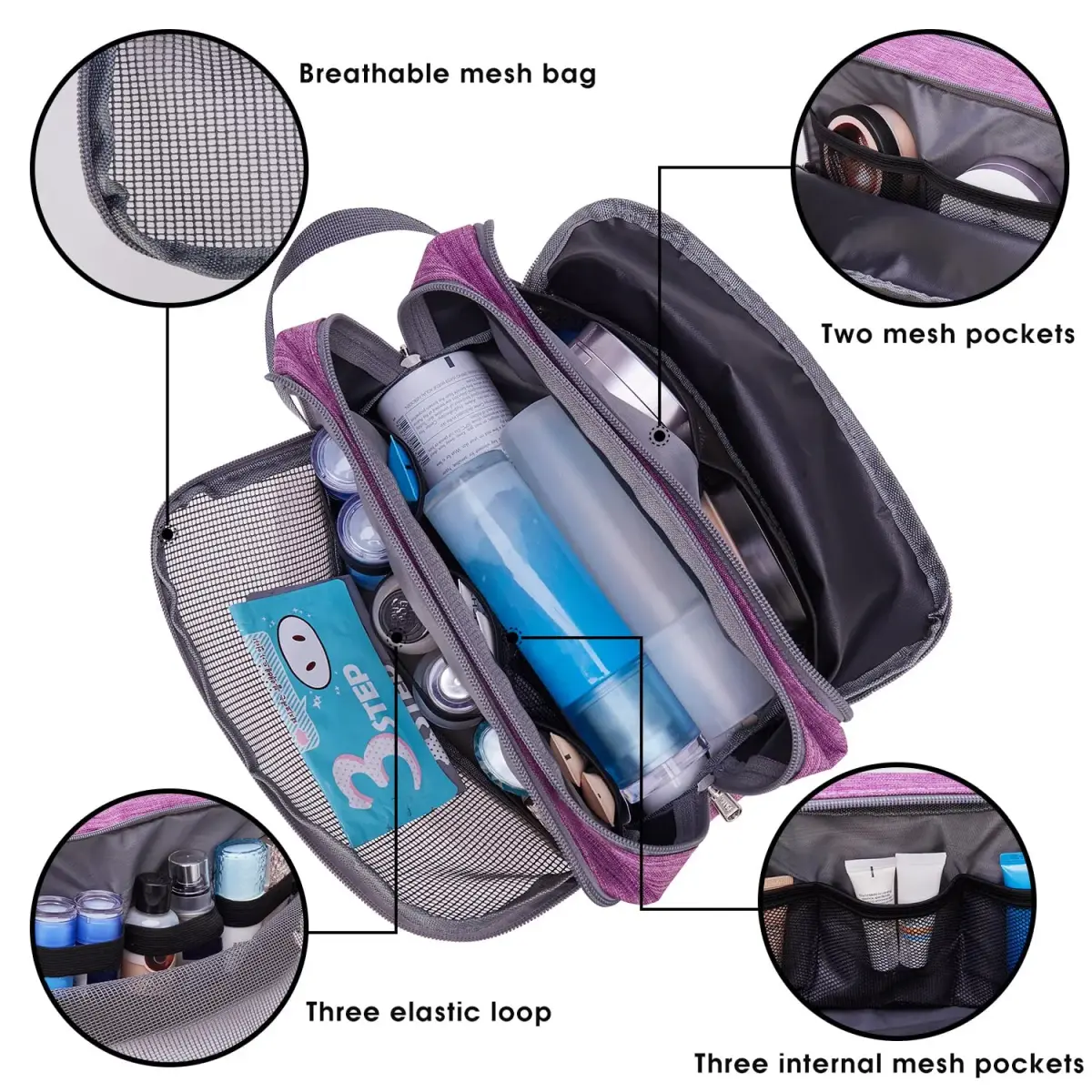 WANDF Travel Toiletry Bag for Men, Small Dopp Kit Purple | Water-Resistant Polyester, 23cm x 12cm x 15cm - view 3